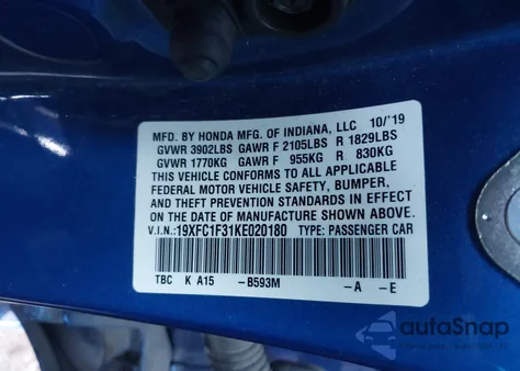 2019 Honda Civic Ex из США, поврежденный, VIN 19XFC1F31KE020180